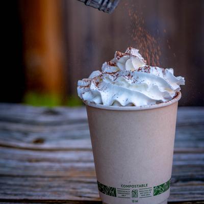 hot latte with whip and cinnamon sprinkle.