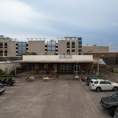 Aerial view of the brewery and parking lot.