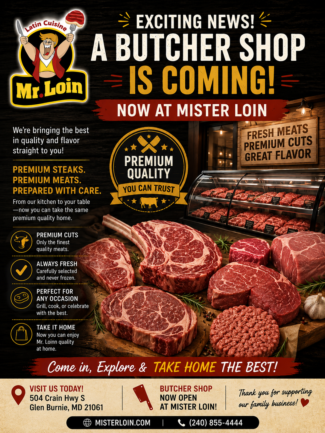Butcher Shop Coming Soon with premium cuts of fresh flavorful meats they can take home and cook, grill, BBQ flyer
