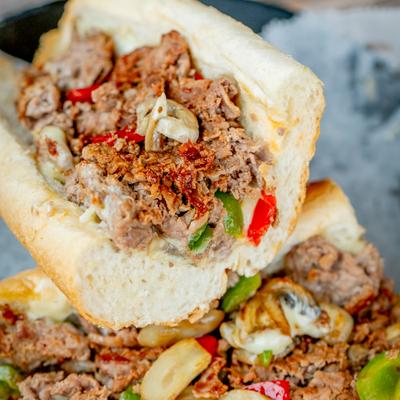 Close up of Loaded Philly cheesesteak.
