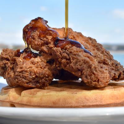 Chicken and waffle, closeup.