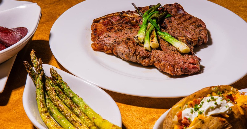 Grilled steak, asparagus, and baked potato