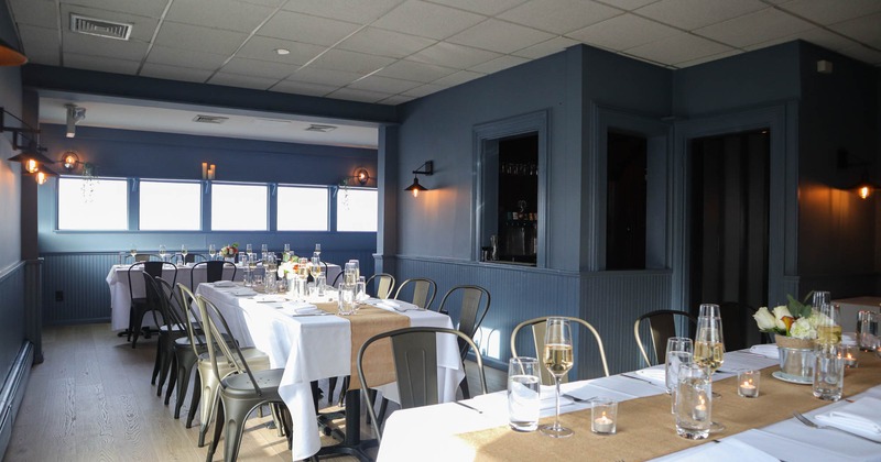 Set banquet room  with champagne glasses on tables