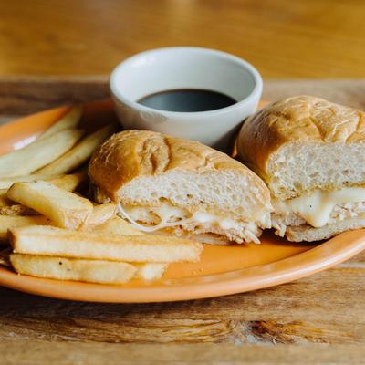 Smoked Turkey Dip Sandwich and fries.