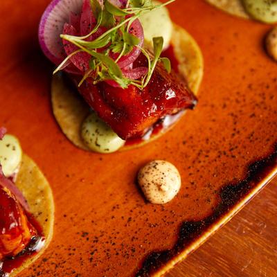 Pork belly bites, top view.