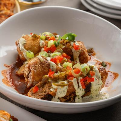 Birria egg rolls. side view.