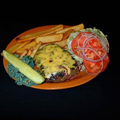 Tavern Burger served with pickle and side of fries