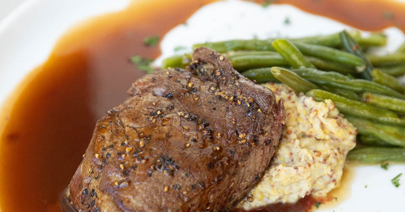 Filet Mignon, with mashed potatoes, and green beans