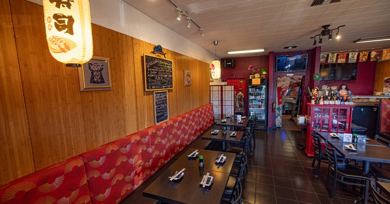 Interior, seating area with benches and tables