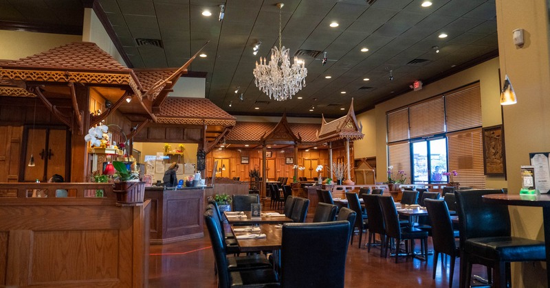 Interior, dining area, traditional design with pagoda like roofs