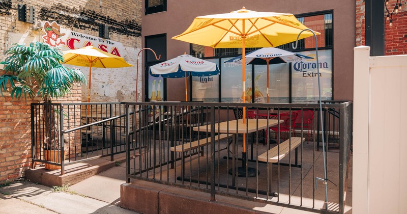 Exterior, patio, tables and benches, parasols