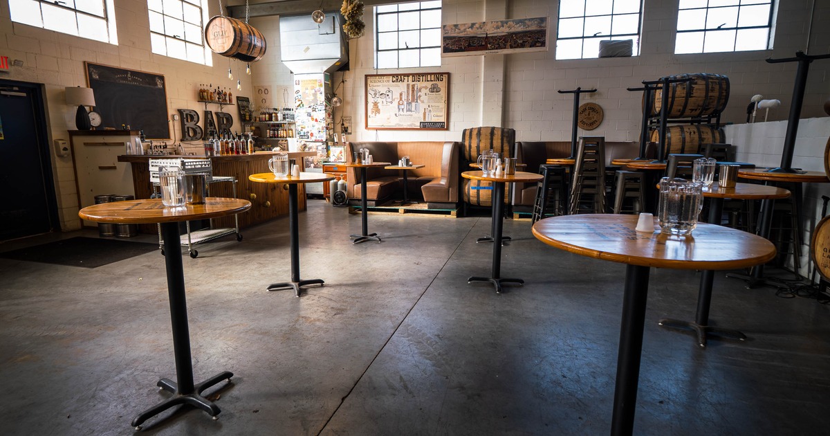 Interior, tables ready for alcohol tasting