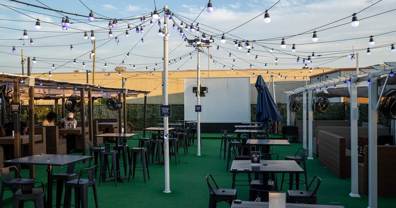 Exterior, seating place on the outside with light bulbs above