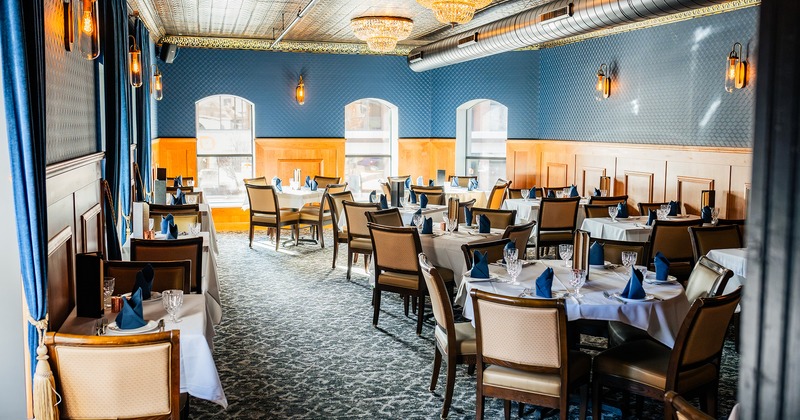 Interior, dining room with set tables