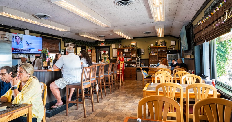Interior, tables, chairs, bar and bar stools