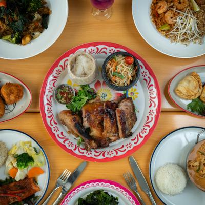 Various food items served on the table, top view.