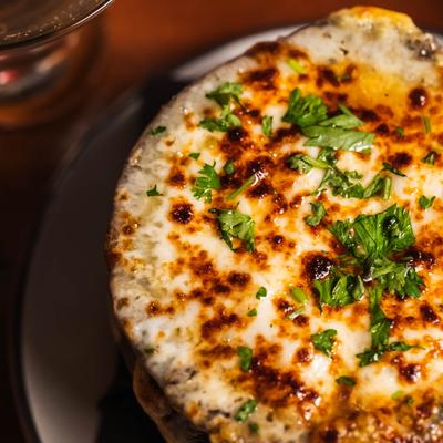 Close up of French onion soup.