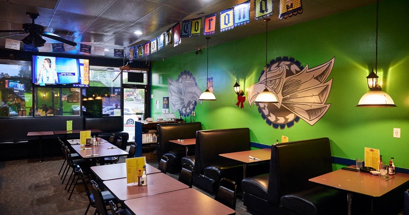 Interior, dining area, tables ready for guests