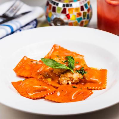 Lobster ravioli dish plate, served.