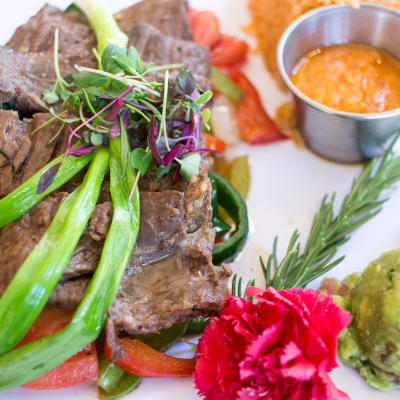 A served steak, closeup.