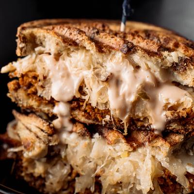 Classic Reuben sandwich, close up.