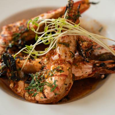 Close-up of grilled prawns.