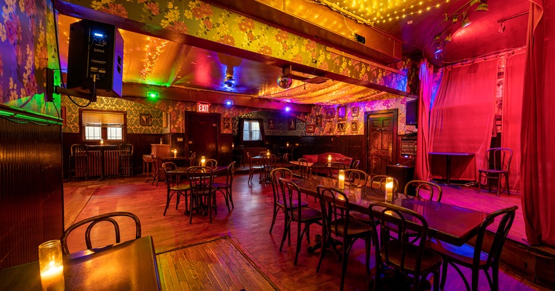 Dining room, tables, performance stage