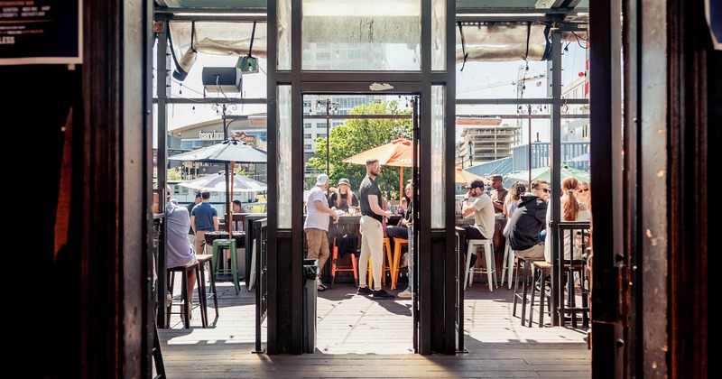 View of exterior seating area from inside