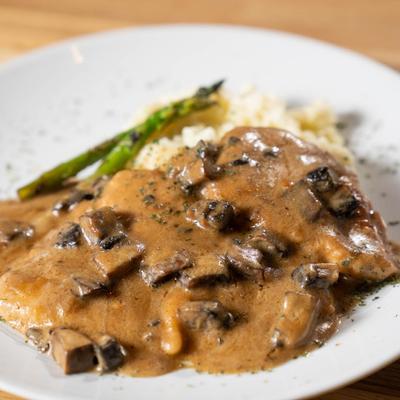 Chicken Marsala with Mashed potatoes and Grilled Asparagus.