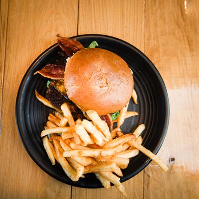 Bacon cheeseburger and fries.