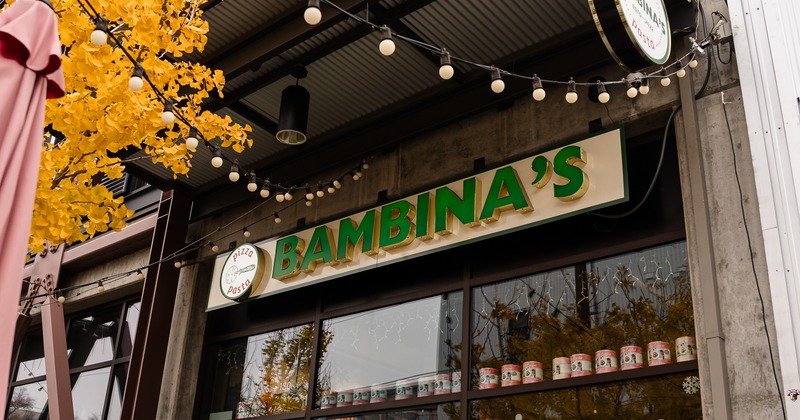 Exterior, front of restaurant, entrance, sign, view from ground