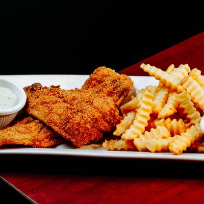 Fried fish with crinkle-cut fries and dipping sauce.