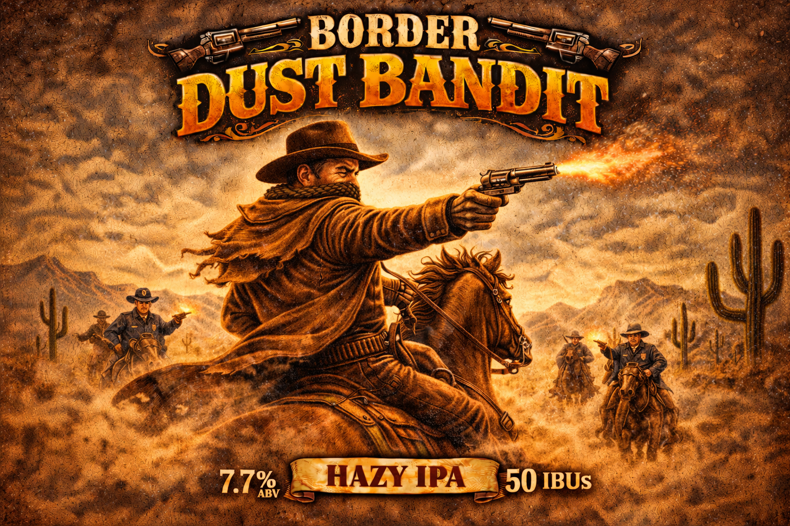 A bandit on a horse shooting toward his pursuers.