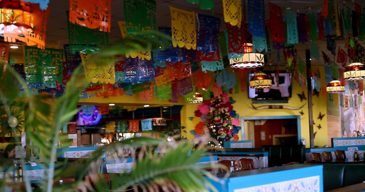 Interior, decoration on ceiling, wide view to diner area