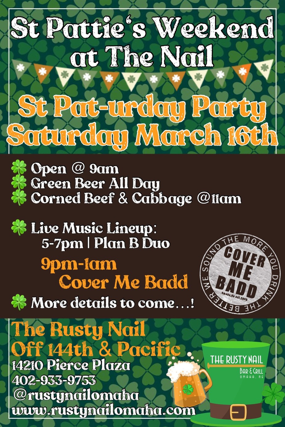 St Pat-urday Party @ The Nail w/ Cover Me Badd Live @9! event photo