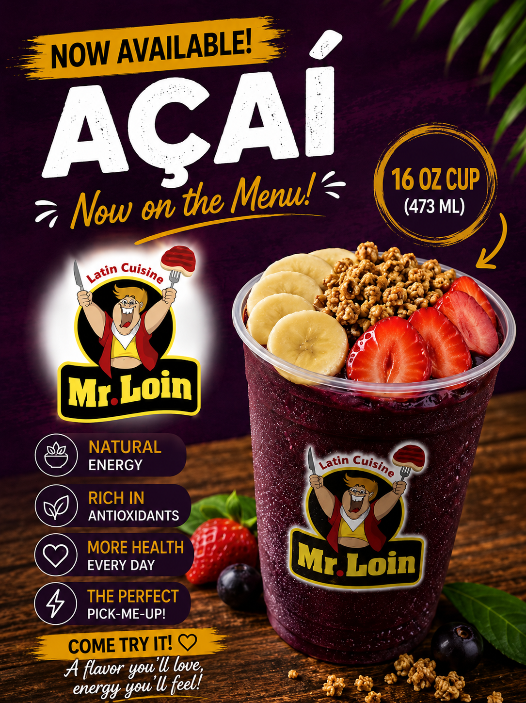 Açai bowl with fresh fruit and energy boost 16oz cup