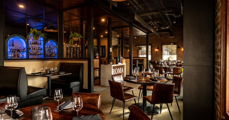 Restaurant interior, dining area with set tables