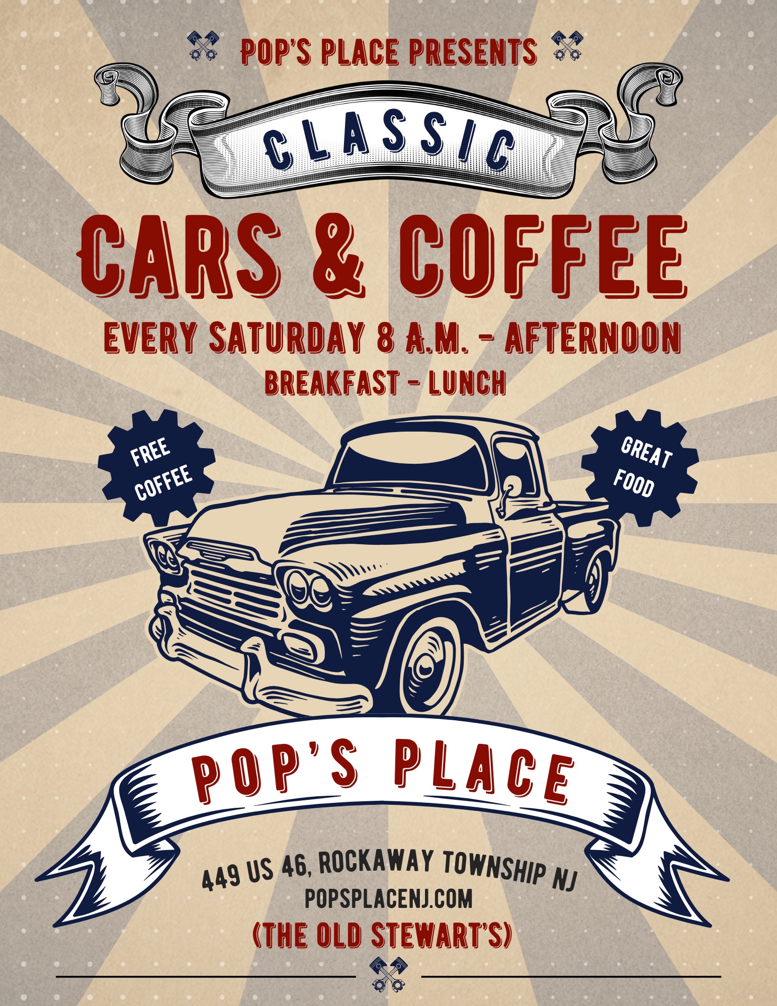 Cars & Coffee event at Pop's Place in Rockaway, NJ. Every Saturday starting April 20th, 2024 at 8:00 AM.