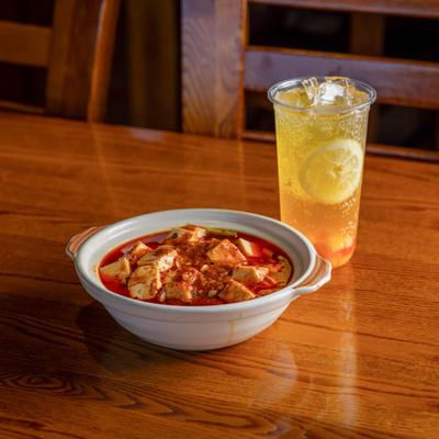 Mapo tofu and a drink.