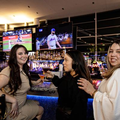 A group of guests enjoying drinks at the bar.