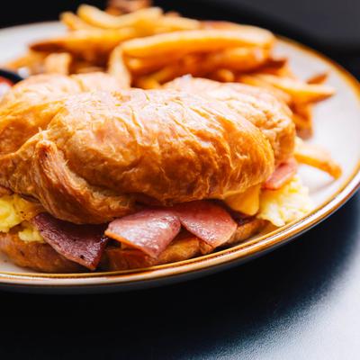 Breakfast Croissant sandwich, with ham, American cheese, scrambled eggs, pepper jelly, and fries.