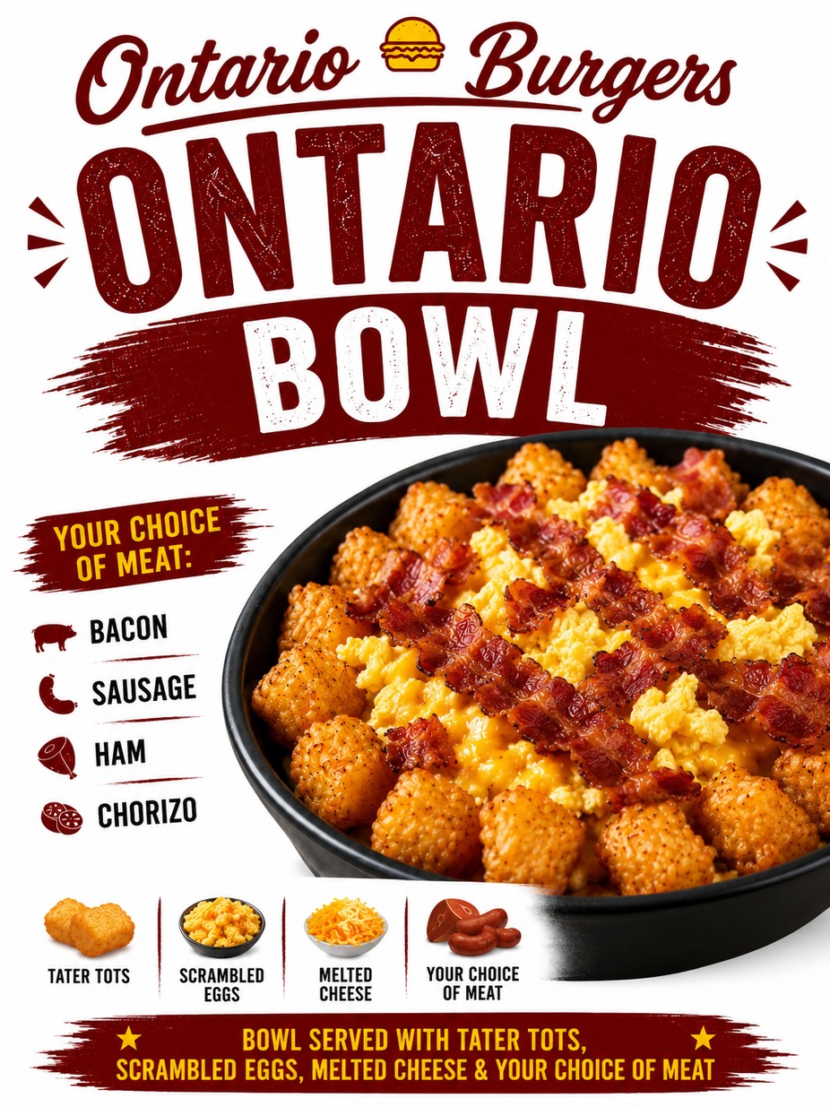 Ontario Burgers ontario bowl 7$. Your choice of meat: bacon, sausage, ham, chorizo