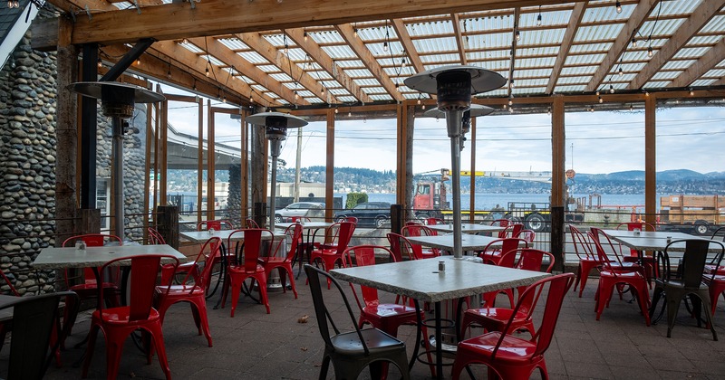 Exterior, partially covered seating area, outdoor heaters