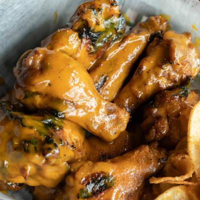 A closeup on the Sweet Tangy Mustard Grilled Wings.