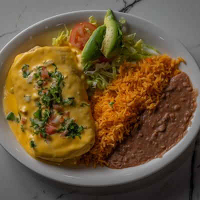 Chimichanga smothered in cheese sauce, with rice, beans, saksa, and salad.