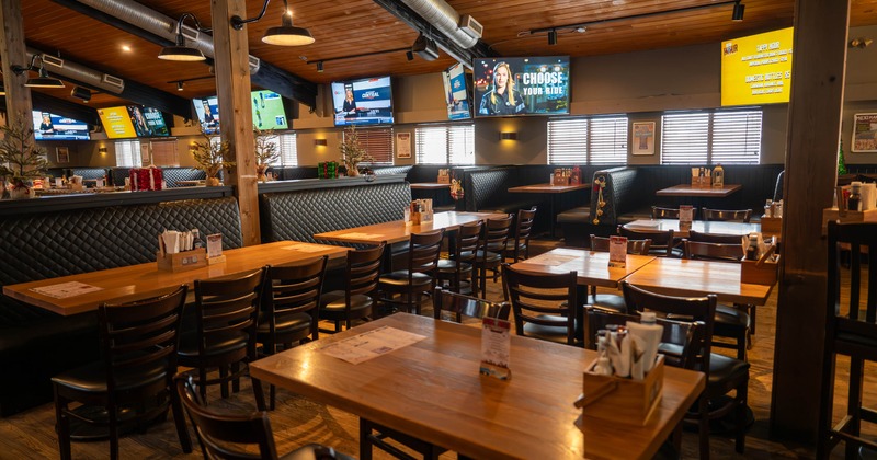 Interior, chairs, tables and restaurant booths