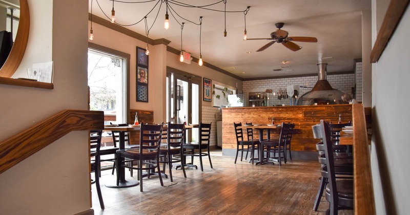 Interior, wide shot of dining and bar area