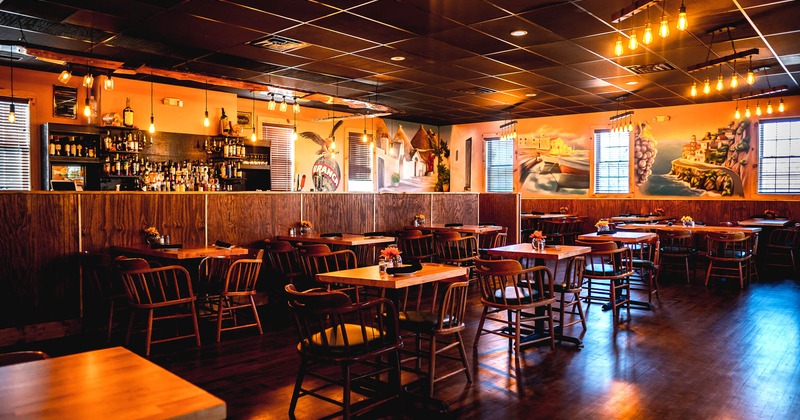 Interior, wooden seats and tables, wide view