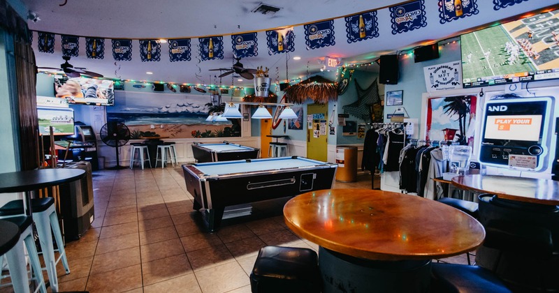 Interior, seating area, pool tables