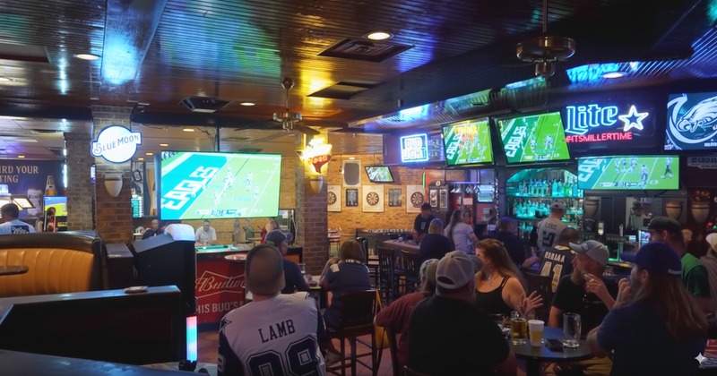 Patrons are seated at tables and the bar, enjoying drinks and watching sports